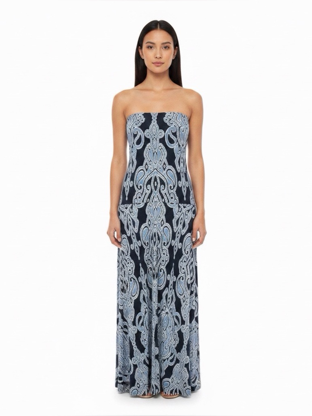 INC International Concepts Black Strapless Maxi Dress with Blue Pattern NWOT